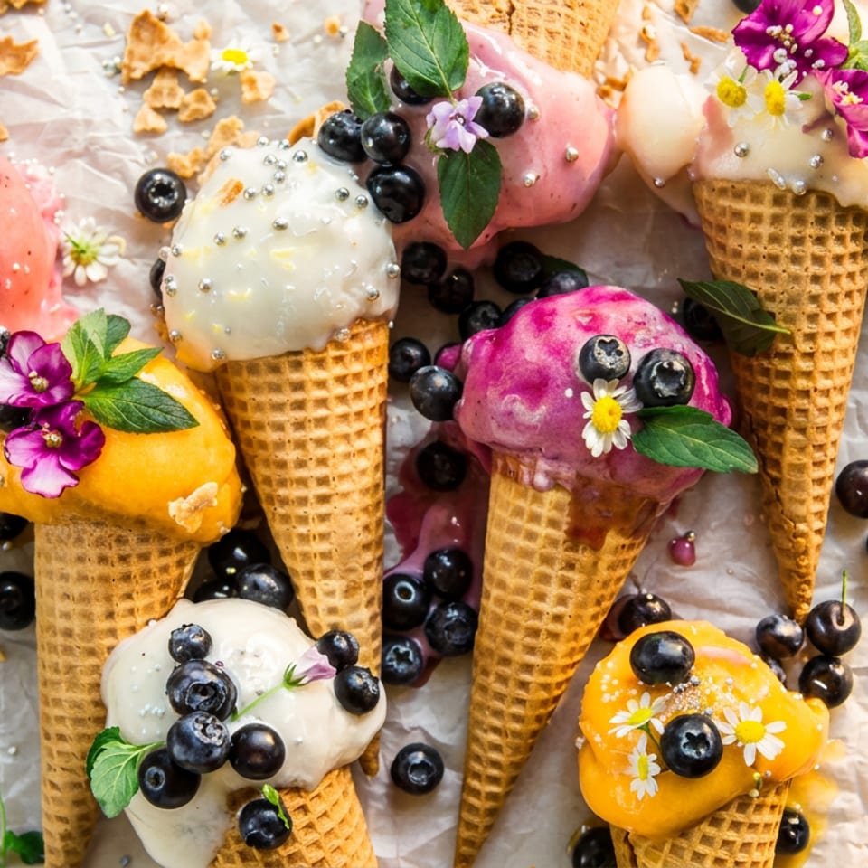 Multiple colorful ice cream cones with blueberries, sprinkles, flowers, and mint leaves on crumpled paper.
