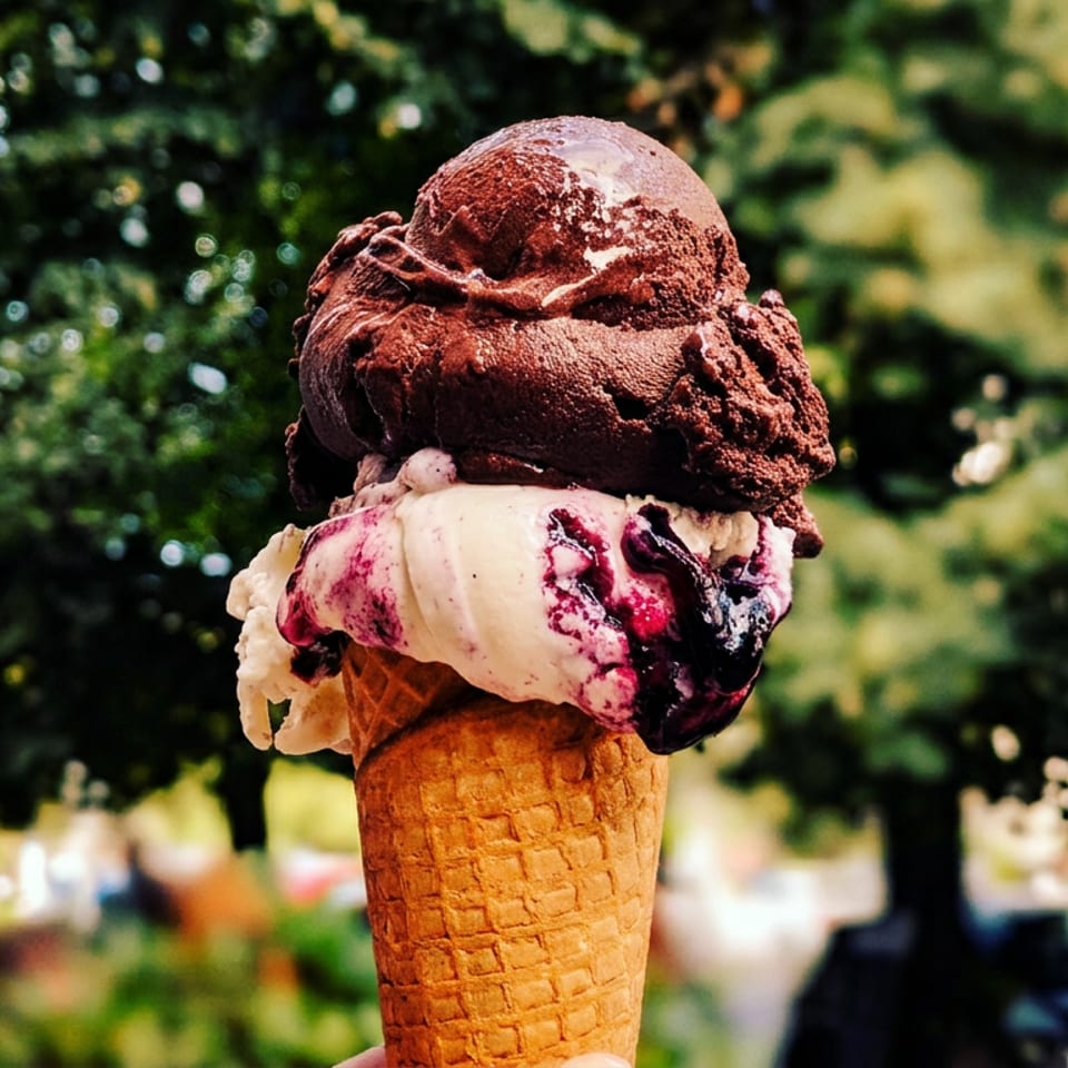 Two scoops of chocolate and berry swirl ice cream in a waffle cone outdoors.
