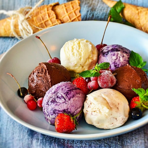 Plate of colorful ice cream scoops with berries, mint, and waffle cones on a blue cloth.
